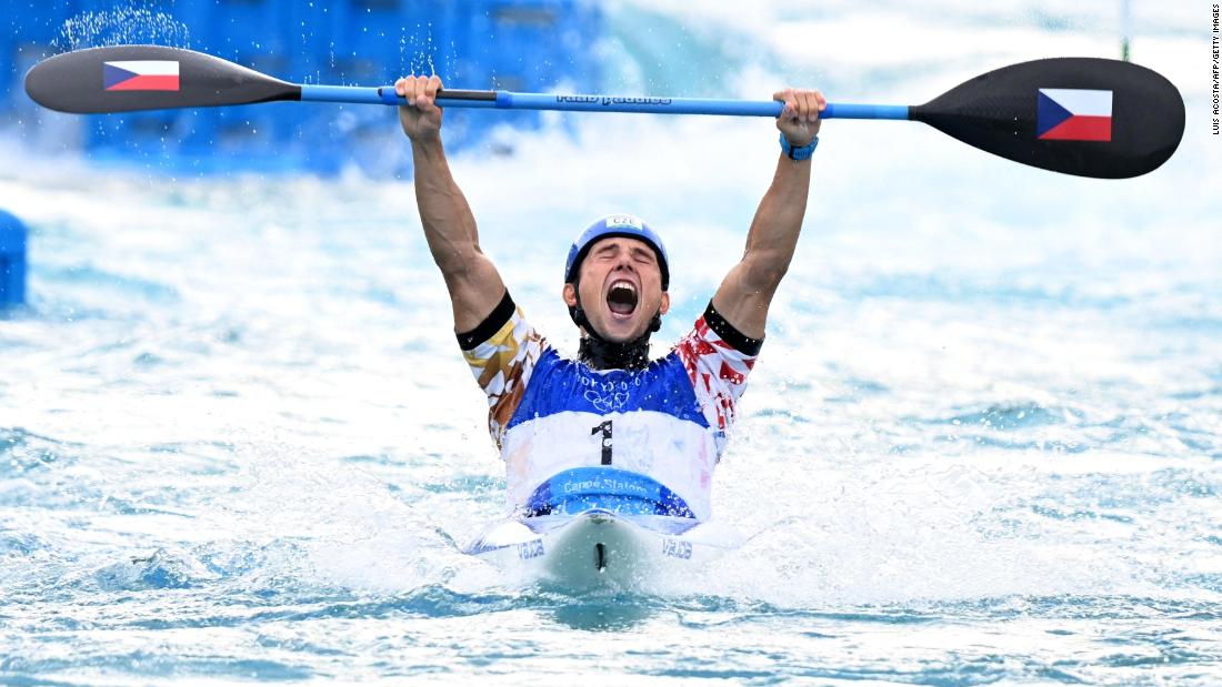 The Czech Republic&#39;s Jiri Prskavec reacts after winning gold in the kayak final on July 30. 