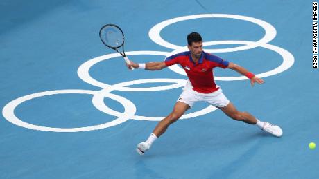Novak Djokovic plays a forehand at Tokyo 2020 in Friday's semi-final. 