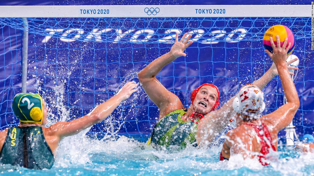 Lea Yanitsas, a goalkeeper for Australia&#39;s water polo team, tries to block a shot during a match against Spain on July 30.