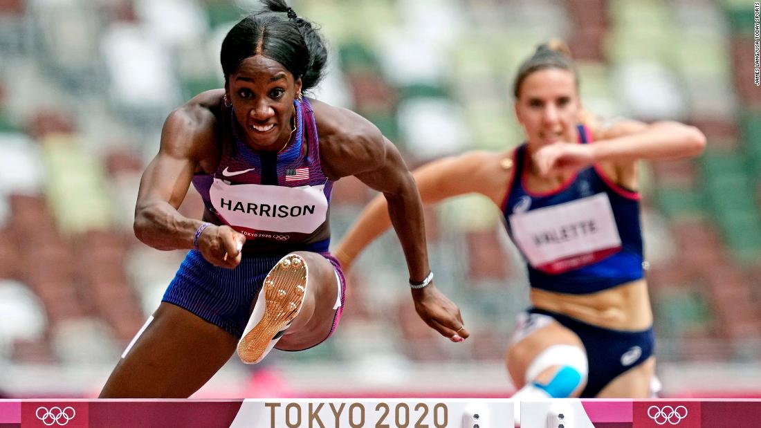 The United States&#39; Keni Harrison races a 100-meter hurdles heat on July 31.