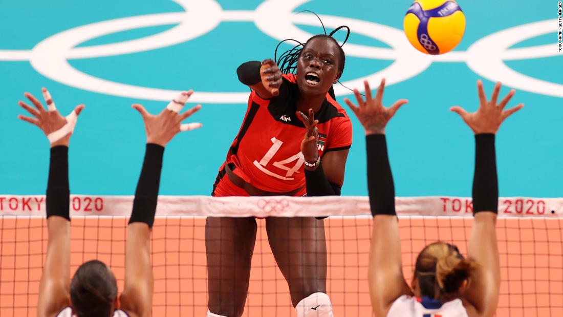 Kenya&#39;s Mercy Moim spikes the ball during a volleyball match against the Dominican Republic on July 31.