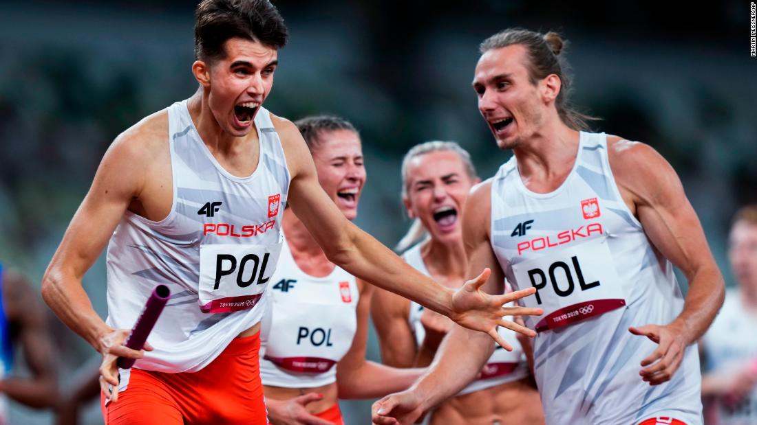 Poland won &lt;a href=&quot;https://www.cnn.com/world/live-news/tokyo-2020-olympics-07-31-21-spt/h_0ca9ae0e1fbae06e5f1ca145f2e28674&quot; target=&quot;_blank&quot;&gt;the Olympics&#39; first-ever mixed relay in the 4x400 meters.&lt;/a&gt; From left are Kajetan Duszynski, Natalia Kaczmarek, Justyna Swiety-Ersetic and Karol Zalewski.