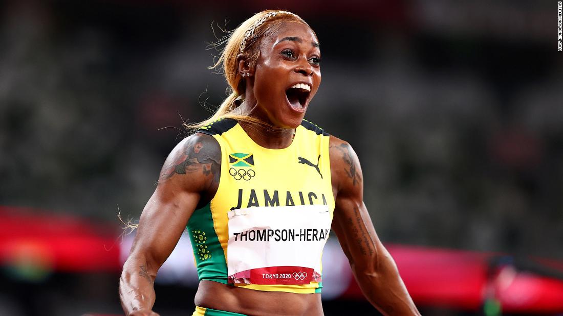 Jamaican sprinter Elaine Thompson-Herah celebrates after &lt;a href=&quot;https://www.cnn.com/world/live-news/tokyo-2020-olympics-07-31-21-spt/h_fad429aba3c7d06c0e4de7fd7b3973ba&quot; target=&quot;_blank&quot;&gt;winning gold in the 100-meter dash&lt;/a&gt; on July 31. She set an Olympic record time of 10.61 seconds as she defended her title from 2016.
