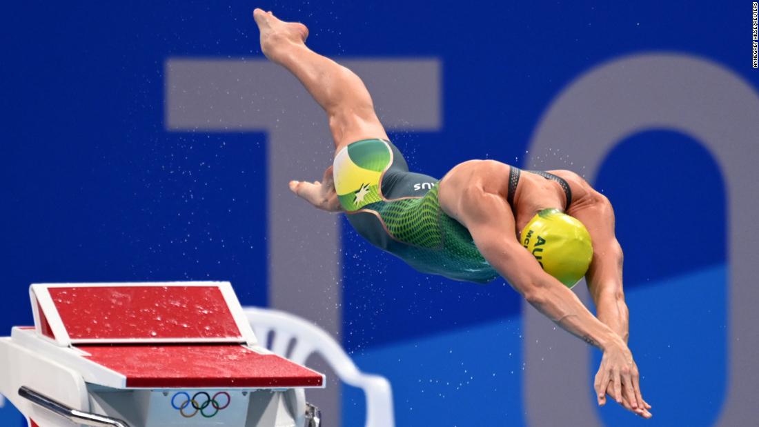 Australian swimmer Emma McKeon dives into the pool at the start of the 50-meter freestyle final on August 1. &lt;a href=&quot;https://www.cnn.com/world/live-news/tokyo-2020-olympics-07-31-21-spt/h_a446974be9f9f42dd484d438fdc1f426&quot; target=&quot;_blank&quot;&gt;She won her third gold in Tokyo&lt;/a&gt; and set an Olympic record time of 23.81 seconds.