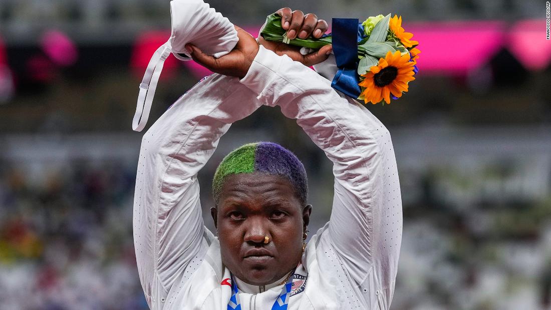During the medal ceremony for the women&#39;s shot put, the United States&#39; Raven Saunders lifted her arms above her head and made an X with her wrists. When the silver medalist was asked what &lt;a href=&quot;https://www.cnn.com/2021/08/02/sport/raven-saunders-podium-protest-olympics-spt-intl/index.html&quot; target=&quot;_blank&quot;&gt;the gesture&lt;/a&gt; meant, she explained that &quot;it&#39;s the intersection of where all people who are oppressed meet.&quot; Saunders has been outspoken in the past about &lt;a href=&quot;https://www.cnn.com/2021/05/27/sport/raven-saunders-olympics-shot-put-spt-intl-cmd/index.html&quot; target=&quot;_blank&quot;&gt;her desire to destigmatize mental health.&lt;/a&gt; &quot;Shout out to all my Black people. Shout out to all my LGBTQ community. Shout out to all my people dealing with mental health,&quot; she said. &quot;At the end of the day, we understand it&#39;s bigger than us and it&#39;s bigger than the powers that be.&quot;