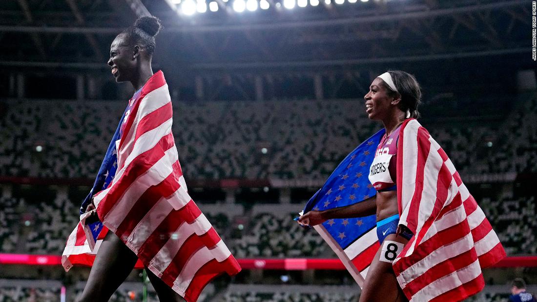 American runners Athing Mu, left, and Raevyn Rogers celebrate after the 800 meters on August 3. Mu, 19, won the gold and is &lt;a href=&quot;https://www.cnn.com/world/live-news/tokyo-2020-olympics-08-03-21-spt/h_4ae43952a2625a65718b5cbc88da554d&quot; target=&quot;_blank&quot;&gt;the second-youngest 800-meter champion in history.&lt;/a&gt; Rodgers won the bronze.