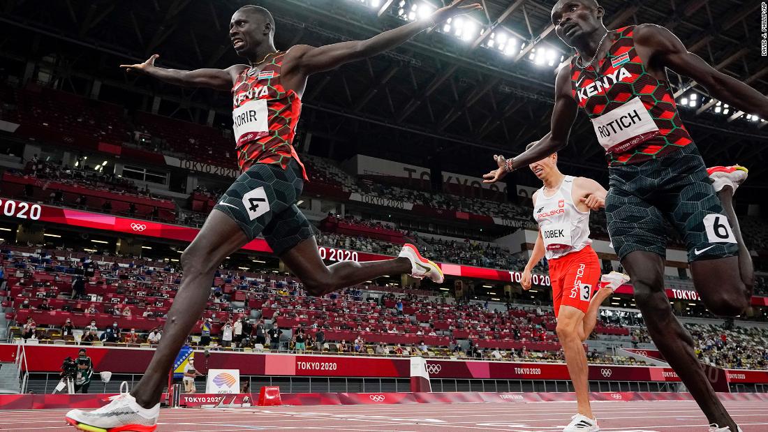 Emmanuel Korir, left, crosses the finish line just ahead of fellow Kenyan Ferguson Rotich &lt;a href=&quot;https://www.cnn.com/world/live-news/tokyo-2020-olympics-08-04-21-spt/h_0ecaf8fa5aa10f4087557bd3420c96b7&quot; target=&quot;_blank&quot;&gt;to win gold in the 800 meters&lt;/a&gt; on August 4. Kenyan runners have won the 800 at the last four Olympics.