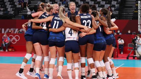 Team United States celebrates after defeating Team Dominican Republic during the Women&#39;s Quarterfinals volleyball.