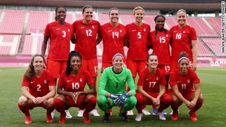 Players of Team Canada pose for a team photograph prior to the semifinal against the United States.