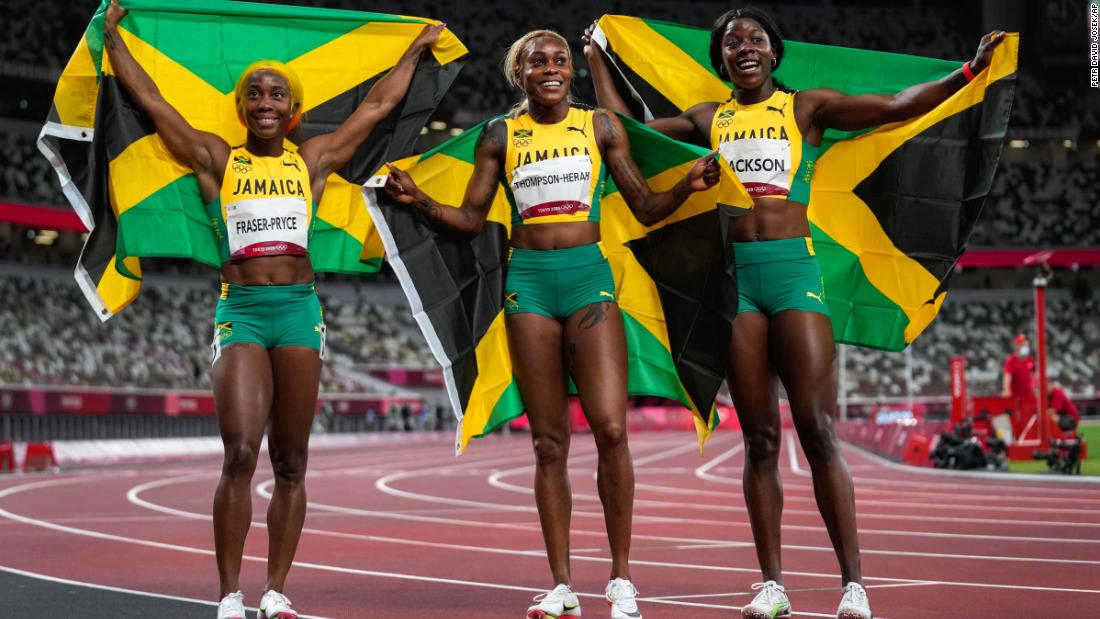 From left, Jamaican sprinters Shelly-Ann Fraser-Pryce, Elaine Thompson-Herah and Shericka Jackson celebrate after &lt;a href=&quot;https://www.cnn.com/world/live-news/tokyo-2020-olympics-07-31-21-spt/h_fad429aba3c7d06c0e4de7fd7b3973ba&quot; target=&quot;_blank&quot;&gt;sweeping the 100 meters&lt;/a&gt; on July 31. Thompson-Herah won gold and was followed by Fraser-Pryce and Jackson.