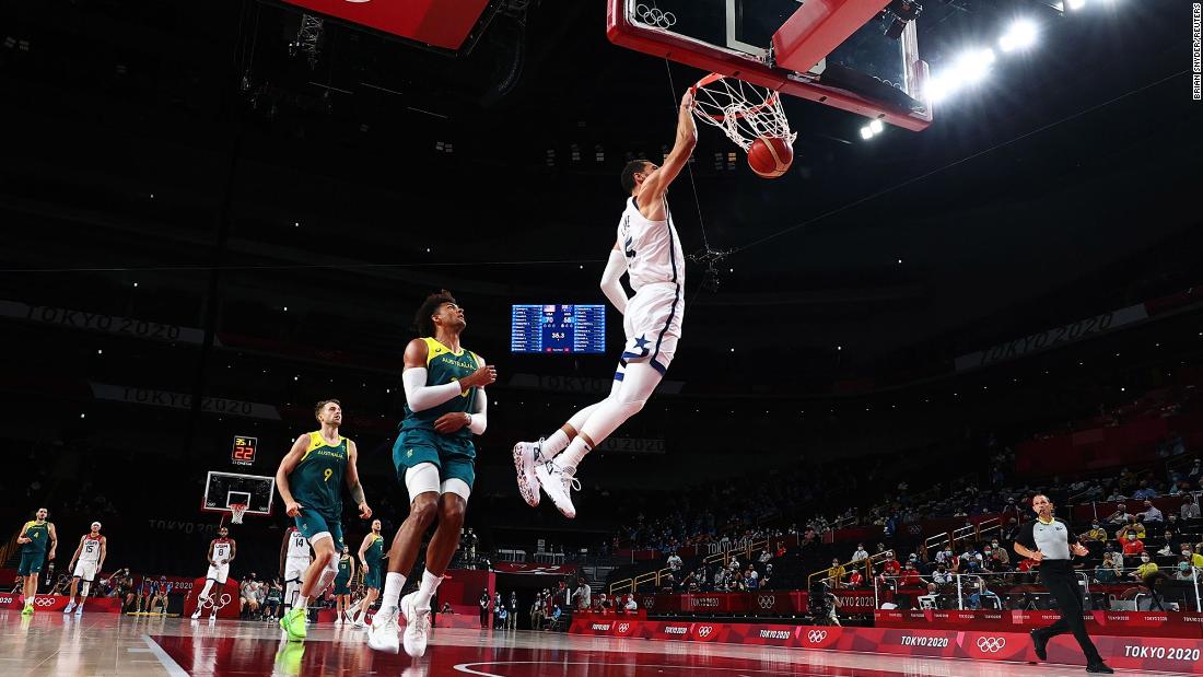 The United States&#39; Zach LaVine scores against Australia during a basketball semifinal on August 5. The Americans won 97-78 and will play France in the gold-medal game.
