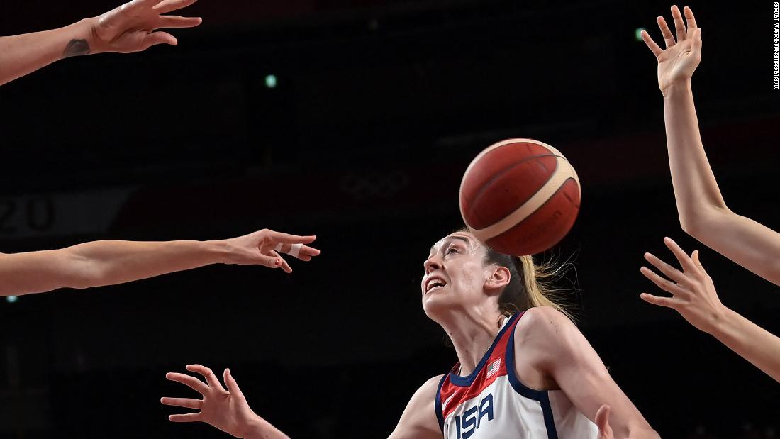 The United States&#39; Breanna Stewart plays against Serbia in a basketball semifinal on August 6. The Americans won 79-59.