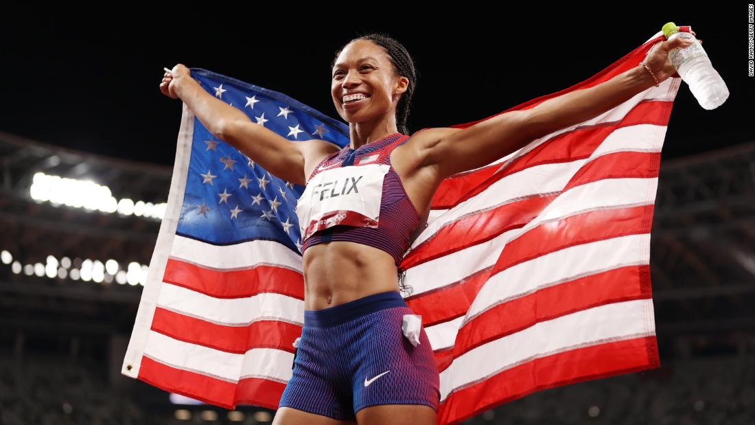 The United States&#39; Allyson Felix celebrates after &lt;a href=&quot;https://www.cnn.com/world/live-news/tokyo-2020-olympics-08-06-21-spt/h_c43d6f52d2aea0dc6f56d09020439a73&quot; target=&quot;_blank&quot;&gt;winning the bronze medal&lt;/a&gt; in the 400 meters on August 6. She passed Jamaica&#39;s Merlene Ottey to become the most decorated woman in Olympic track-and-field history.