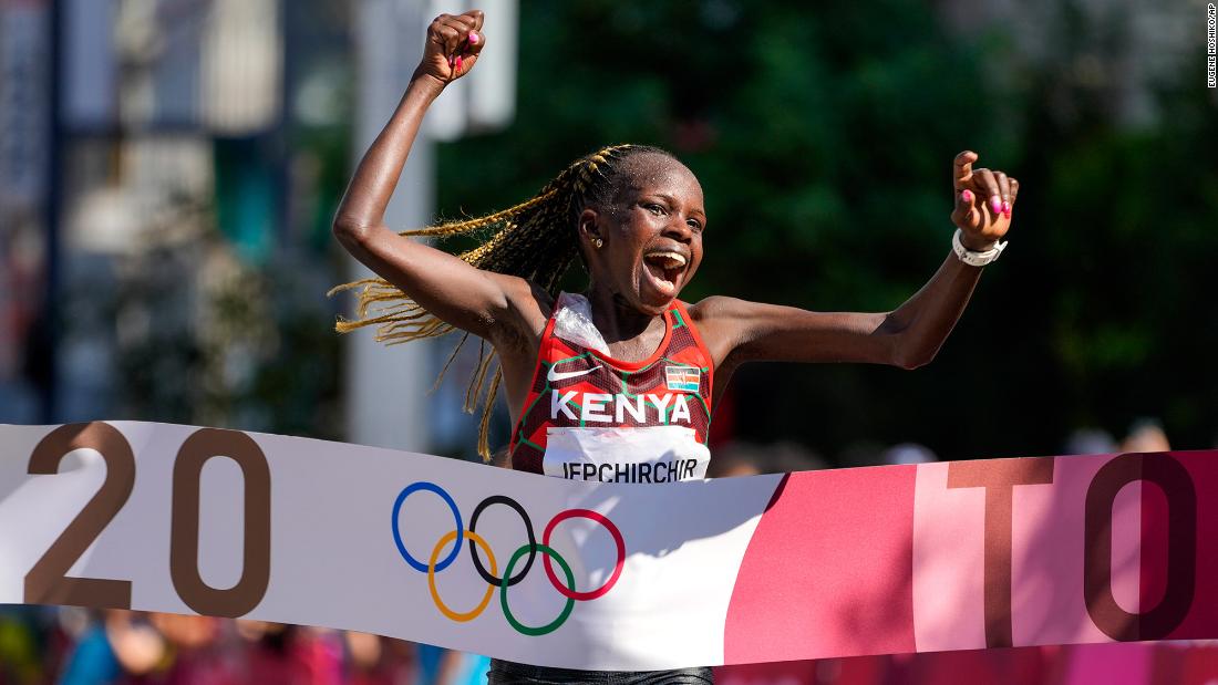 Kenya&#39;s Peres Jepchirchir crosses the finish line to &lt;a href=&quot;https://www.cnn.com/world/live-news/tokyo-2020-olympics-08-06-21-spt/h_858792735c3c8bfeccdc9dbf238e95bc&quot; target=&quot;_blank&quot;&gt;win the marathon&lt;/a&gt; on August 7. Her countrywoman Brigid Kosgei earned the silver medal.