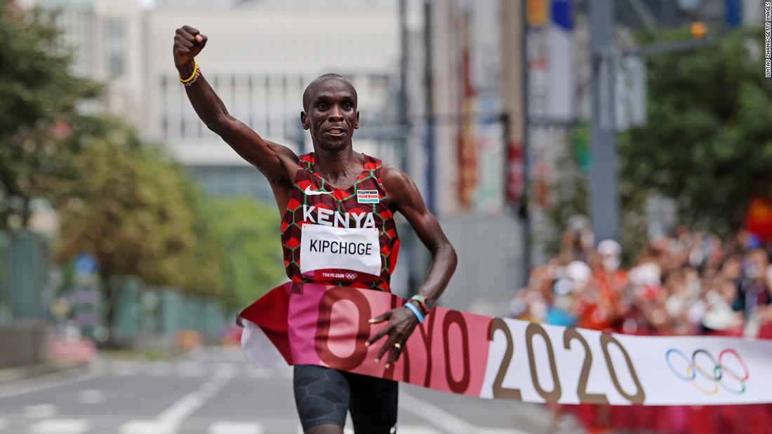 Kenya&#39;s Eliud Kipchoge crosses the finish line August 8 &lt;a href=&quot;https://www.cnn.com/world/live-news/tokyo-2020-olympics-08-07-21-spt/h_af4bb17527e168632036b0fa6e6d54a5&quot; target=&quot;_blank&quot;&gt;to win the marathon&lt;/a&gt; for the second Olympics in a row. Kipchoge, the world-record holder in the event, finished with a time of 2:08:38.