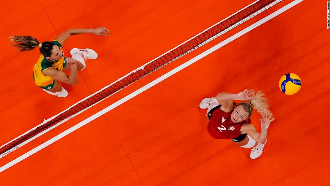 The United States&#39; Jordyn Poulter, right, sets the ball during &lt;a href=&quot;https://www.cnn.com/world/live-news/tokyo-2020-olympics-08-08-21-spt/h_1307b067886f6129d5a535fad820afdc&quot; target=&quot;_blank&quot;&gt;the gold-medal volleyball match&lt;/a&gt; against Brazil on August 8. The Americans defeated Brazil 3-0. It is the United States&#39; first-ever gold medal in women&#39;s volleyball.