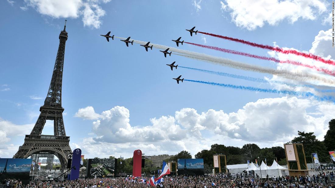 Jets conduct a flyover next to the Eiffel Tower in Paris. While the closing ceremony was held in Tokyo, a celebration was held in Paris. The French capital will be hosting the next Summer Games in 2024.