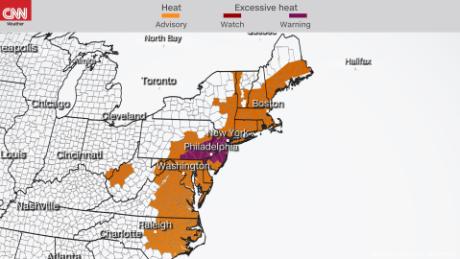 Heat alerts cover the US northeast coast Friday with heat indicies in the triple digits.