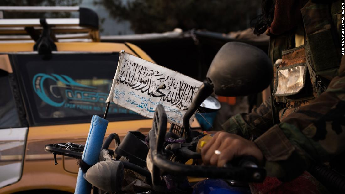 A Taliban flag is seen on a motorcycle ridden by a Taliban fighter on August 15.