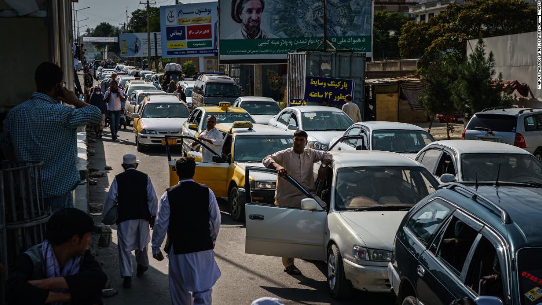 A traffic jam is seen in Kabul on August 15 as some Afghans were looking to flee the city.