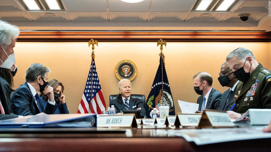 In this photo released by the White House on August 18, US President Joe Biden and Vice President Kamala Harris are briefed by their national security team on the evolving situation in Afghanistan.