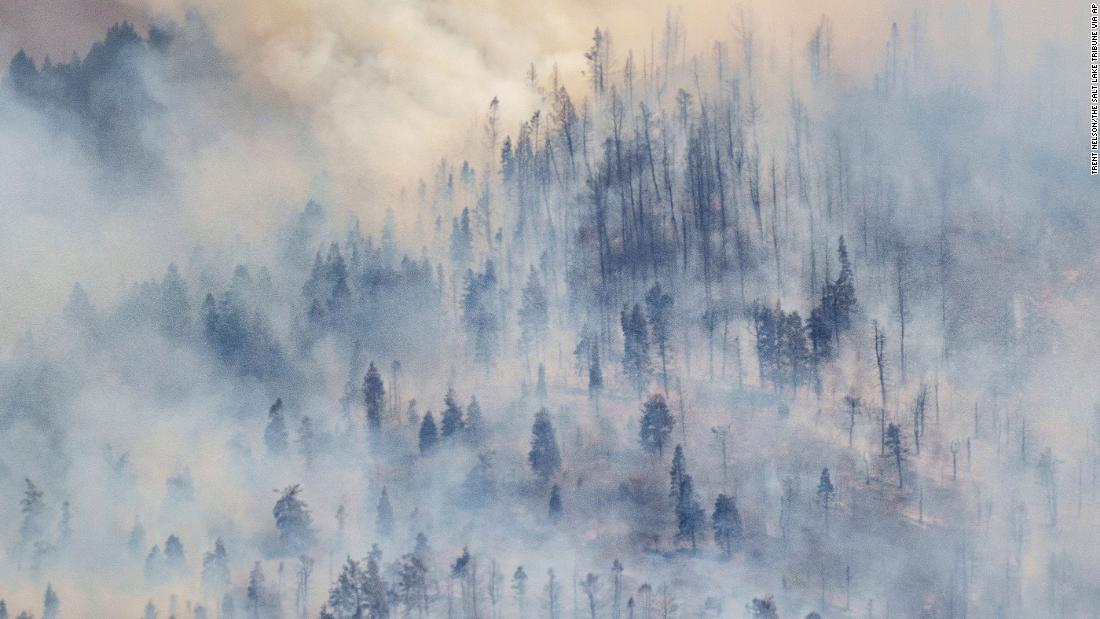 Wind blows smoke away for a moment, revealing damage from the Parleys Canyon Fire in Utah on August 14.