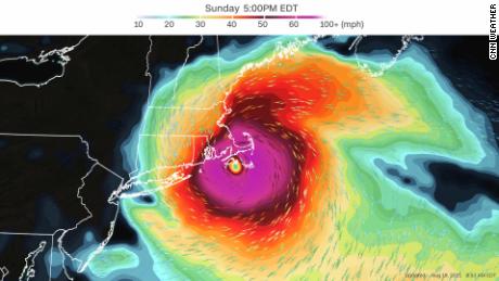 O modelo americano de previsão matinal aproxima o centro da tempestade da costa.  Isso permitiria que os impactos se propagassem do leste de Long Island, Nova York, até o Maine. 
