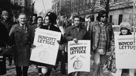 Cesar Chavez and Coretta Scott King lead a lettuce boycott march in New York City in 1973.