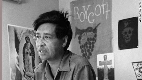Cesar Chavez speaks from a Delano, California, union office amid a 1965 grape strike.  