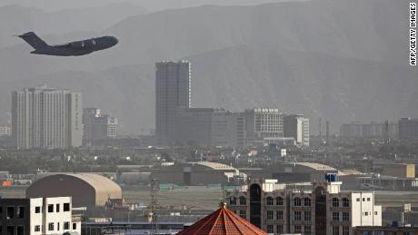A US Air Force aircraft takes off from the military airport in Kabul on August 27, in the closing days of a huge US airlift operation.