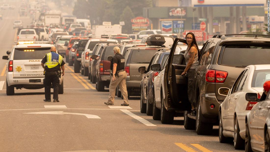 South Lake Tahoe residents are stuck in gridlock while attempting to evacuate the city on August 30.