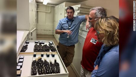 Adam Ferguson (맨 왼쪽) and guests are pictured in the Field Museum&#39;s collections with spotted skunk specimens.