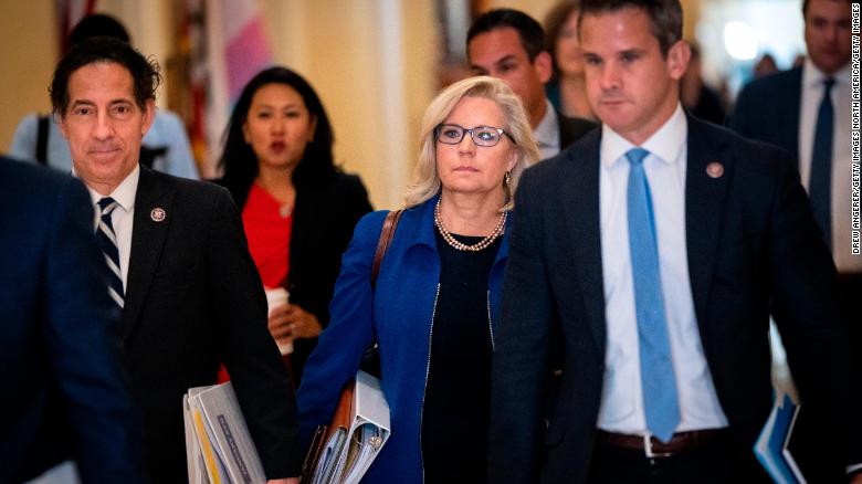 (L-R) Rep. Jamie Raskin (D-MD), Rep. Liz Cheney (R-WY) and Rep. Adam Kinzinger (R-IL) arrive for the House Select Committee hearing investigating the January 6 attack on the U.S. Capitol on July 27, 2021.