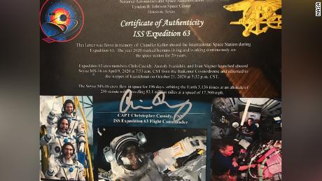 The Keller family received this signed certificate to mark Cassidy&#39;s space station mission.