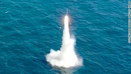 South Korea&#39;s first submarine-launched ballistic missile is test-fired from a 3,000-ton-class submarine at an undisclosed location in the waters of South Korea on September 15, 2021.