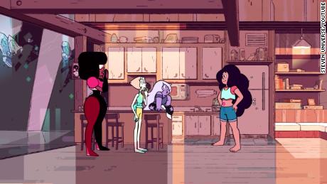 A scene from &quot;Steven Universe&quot; in which a cast of nonbinary characters meet. 