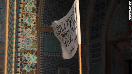 A Taliban flag flies outside of the Blue Mosque in Mazar-i-Sharif.