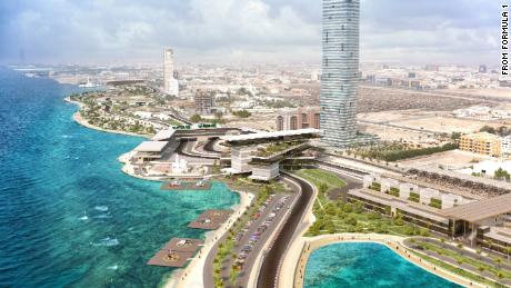 A rendering from Formula One shows the Jeddah Street Circuit looking north.