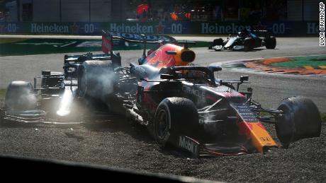 Red Bull&#39;s Max Verstappen and Lewis Hamilton of Mercedes, collide at the Italian Grand Prix, Monza.