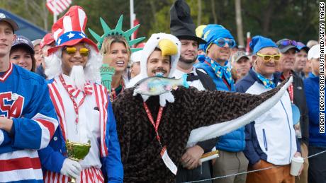Team US fan wearing eagle costume in the stands at Hazeltine National Golf Course in 2016.