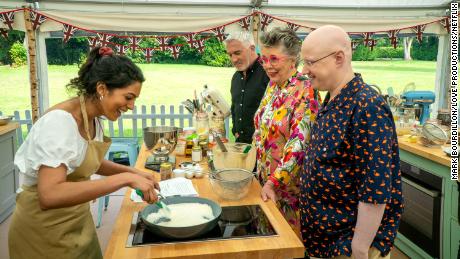 Matt, Prue and Paul with Crystelle in Season 5 of &quot;Great British Bake Off.&quot;