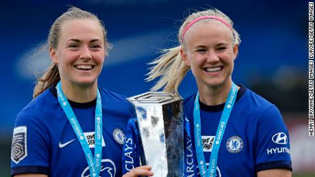 Magdalena Eriksson and Pernille Harder celebrate winning the Women&#39;s Super League in May 2021.