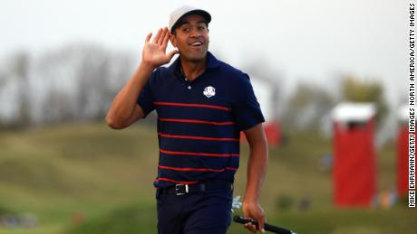 Tony Finau celebrates after winning his afternoon Fourball matches on Friday.