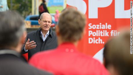 Olaf Scholz, German finance and SPD candidate for chancellor in the federal election, speaks at a campaign event in his constituency in Potsdam on Saturday.