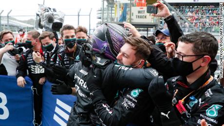 Hamilton celebrates winning the Russian Grand Prix.