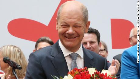 Olaf Scholz, the SPD&#39;s candidate for chancellor, on stage a day after the Bundestag elections.