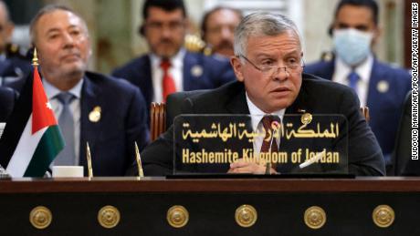 Jordan&#39;s King Abdullah II speaks during a conference in Iraq on Aug. 28, 2021. 