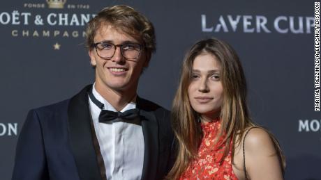 Zverev and Sharypova pose on the red carpet at Gala night during the Laver Cup in Geneva, Switzerland, in 2019.