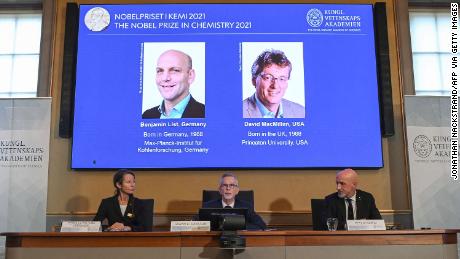 Benjamin List and David MacMillan are announced as winners of the 2021 Nobel prize in chemistry, at the Royal Swedish Academy of Sciences in Stockholm on October 6.