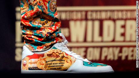A shoe worn by WBC heavyweight champion Tyson Fury, who will defend his title against Deontay Wilder on October 9 at the T-Mobile Arena in Las Vegas. 